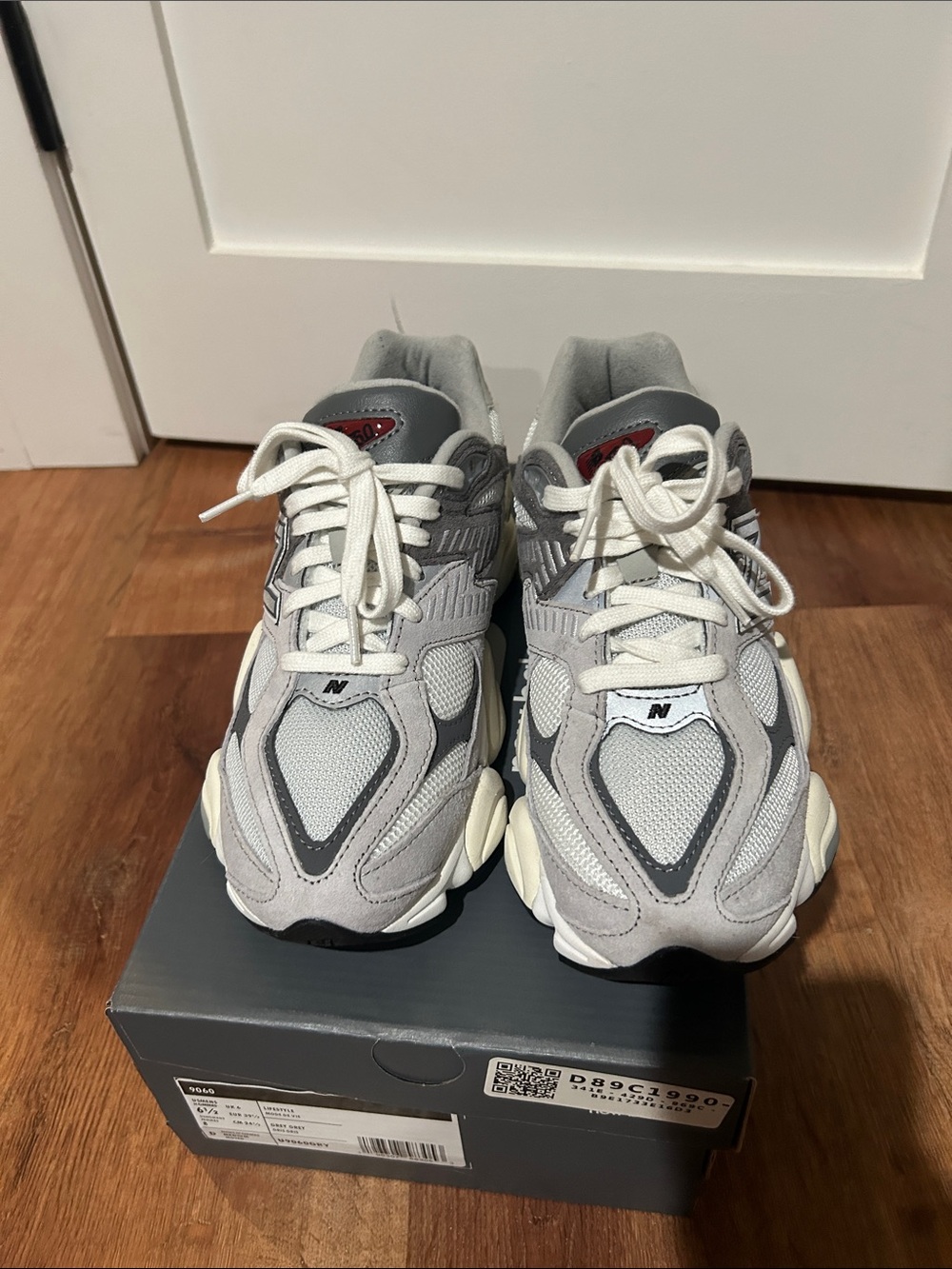 New Balance 9060 Gray & Cream Mesh Suede Sneakers - Picture 3 of 7